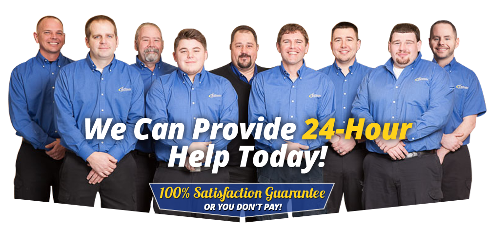 Schneller Knochelmann staff standing together in blue collared shirts. Text says "We Can Provide 24-Hour Help Today! 100% Satisfaction Guarantee or You Don't Pay!"