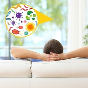 Image of back of man's head leaning against a couch, with animated germ cells in top left corner.